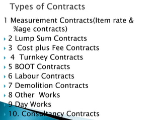 1 Measurement Contracts(Item rate &
%age contracts)
 2 Lump Sum Contracts
 3 Cost plus Fee Contracts
 4 Turnkey Contracts
 5 BOOT Contracts
 6 Labour Contracts
 7 Demolition Contracts
 8 Other Works
 9 Day Works
 10. Consultancy Contracts
 