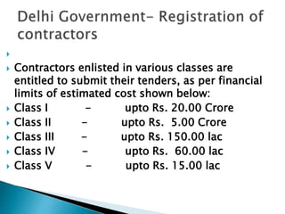 
 Contractors enlisted in various classes are
entitled to submit their tenders, as per financial
limits of estimated cost shown below:
 Class I - upto Rs. 20.00 Crore
 Class II - upto Rs. 5.00 Crore
 Class III - upto Rs. 150.00 lac
 Class IV - upto Rs. 60.00 lac
 Class V - upto Rs. 15.00 lac
 