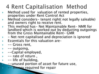  Method used for valuation of rented properties,
properties under Rent Control Act
 Method considers- tenant right( not legally saleable)
and owners right to receive rent.
 This method has- Net Maintainable Rent- NMR for
landlord which is worked out by deducting outgoings
from the Gross Maintainable Rent- GMR
 - Net rent capitalised and depreciation is ignored
 Essentials for this valuation are–
 -- Gross rent,
 -- outgoing,
 --Capital employed,
 -- rate of return ,
 -- life of building,
 --unused portion of asset for future use,
 -- money required for repair
 