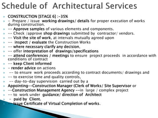  CONSTRUCTION [STAGE 6] :-35%
 - Prepare / issue working drawings/ details for proper execution of works
during construction.
 -- Approve samples of various elements and components.
 -- Check /approve shop drawings submitted by contractor/ vendors.
 -- Visit the site of work, at intervals mutually agreed upon
 -- inspect / evaluate the Construction Works
 -- where necessary clarify any decision,
 -- offer interpretation of drawings/specifications
 -- attend conferences / meetings to ensure project proceeds in accordance with
conditions of contract
 -- keep Client informed
 - render advice on actions
 -- to ensure work proceeds according to contract documents/ drawings and
 -- to exercise time and quality controls,
 -- day-to-day supervision carried out by a
 Appointing--Construction Manager (Clerk of Works/ Site Supervisor or
 --Construction Management Agency --in large / complex project
 -- to work under guidance/ direction of Architect
 - paid by Client.
 -- Issue Certificate of Virtual Completion of works.
 