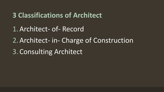 3 Classifications of Architect
1.Architect- of- Record
2.Architect- in- Charge of Construction
3.Consulting Architect
 