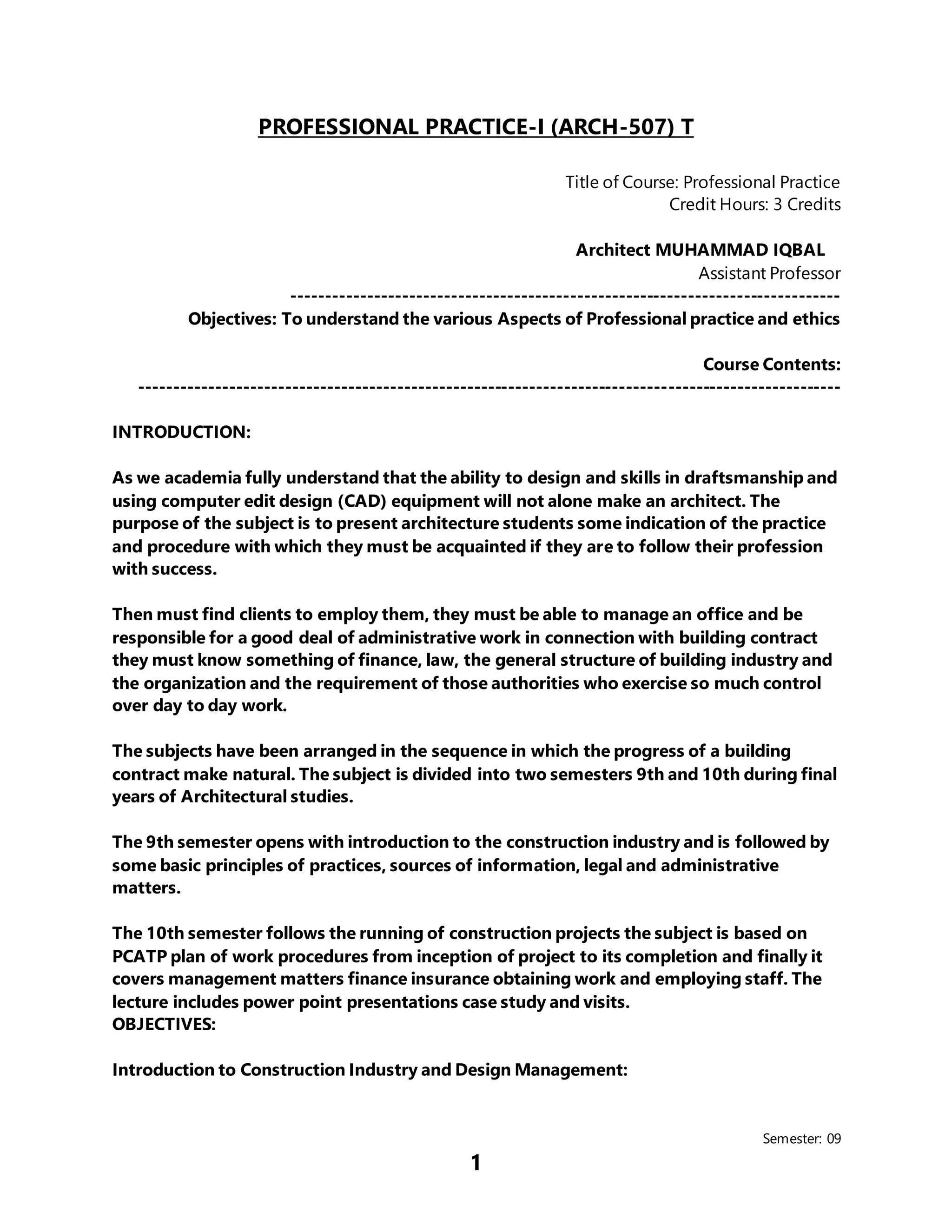 Professional practice (course outline 9th semester) | DOC