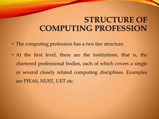 STRUCTURE OF
COMPUTING PROFESSION
• The computing profession has a two tier structure.
• At the first level, there are the...