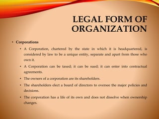 LEGAL FORM OF
ORGANIZATION
• Corporations
• A Corporation, chartered by the state in which it is headquartered, is
conside...