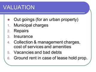 VALUATION
⚫ Out goings (for an urban property)
1. Municipal charges
2. Repairs
3. Insurance
4. Collection & management charges,
cost of services and amenities
5. Vacancies and bad debts
6. Ground rent in case of lease hold prop.
 