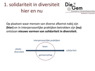 1. solidariteit in diversiteit
hier en nu
Op plaatsen waar mensen van diverse afkomst nabij zijn
(hier) en in interpersoonlijke praktijken betrokken zijn (nu)
ontstaan nieuwe vormen van solidariteit in diversiteit.
leren
gemeenschap
plaats
diversiteit
solidariteit
interpersoonlijke praktijken
 
