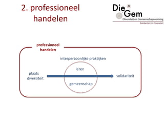 professioneel
handelen
2. professioneel
handelen
leren
gemeenschap
plaats
diversiteit
solidariteit
interpersoonlijke praktijken
 