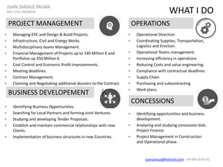 • Managing EPC and Design & Build Projects.
• Infrastructure, Civil and Energy Works.
• Multidisciplinary teams Management.
• Financial Management of Projects up to 140 Million € and
Portfolios up 350 Million €.
• Cost Control and Economic Profit improvements.
• Meeting deadlines.
• Contract Management.
• Claiming and Negotiating additional dossiers to the Contract.
PROJECT MANAGEMENT
CONCESSIONS
OPERATIONS
• Identifying opportunities and business
development.
• Analyzing and studying concession bids.
Project Finance.
• Project Management in Construction
and Operational phase.
• Operational Direction.
• Coordinating Supplies, Transportation,
Logistics and Erection.
• Operational Teams management.
• Increasing efficiency in operations
• Reducing Costs and value engineering.
• Compliance with contractual deadlines
• Supply Chain
• Purchasing and subcontracting
• Work plans.
WHAT I DO
JUAN ZARAUZ PALMA
MSc CIVIL ENGINEER
juanzarauz@hotmail.com; +34 669 30 83 92
BUSINESS DEVELOPEMENT
• Identifying Business Opportunities.
• Searching for Local Partners and forming Joint Ventures.
• Studying and developing Tender Proposals.
• Establish and maintain commercial relationships with new
Clients.
• Implementation of business structures in new Countries.
 
