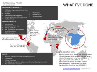 Highway Monterrey – Saltillo.
Year 2009. Concession. 187 M $
Port Terminal. Cartagena de
Indias. Year 2012. 180 M $
Social Buildings:
Social Housing,
Schools, Churches.
Year 2015 EPC Projects. Transmission
and Transportation Electric
Lines. Year 2013.
EXECUTED PROJECTS IN SPAIN:
• Highway Junction M-40. Madrid. Year 2010-11. 64 M €.
• Extension Highway M-501. Madrid. Year 2008. 45 M €
• Industrial Development. Parla. Year 2007. 24 M €.
• Highway Ciudad Real. Year 2006. 35 M €
• Highway Madrid – Toledo. Year 2005. 190 M €
• Sewerage Network. Tenerife Year 2004. 18 M €
• High Speed Rail. Barcelona. Year 2003. 24 M €
TYPES OF EXECUTED PROJECTS:
• Highways, Highway extensions, Urban
Junctions
• Bridges
• Railway and High Speed Rail
• Industrial Plants and Developments
• Hydraulic Lines
• Electric Lines
• Marine Docks
• Social Buildings
TYPES OF CONTRACTS:
• Construction
• Construction Turn-key
• Design and Build
• EPC: Engineering, Procurement
and Construction
• FIDIC Contracts
CLIENTS:
• National and International Public Administrations
• Concessions
• Private Promoters
• World Organisms: United Nations, Inter-American Development Bank
• Top Construction Companies
WHAT I´VE DONE
JUAN ZARAUZ PALMA
MSc CIVIL ENGINEER
juanzarauz@hotmail.com; +34 669 30 83 92
Area Manager in
Romania. Year
2016 - 2017
 