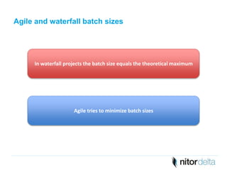 Agile and waterfall batch sizes 
In waterfall projects the batch size equals the theoretical maximum 
Agile tries to minimize batch sizes 
 