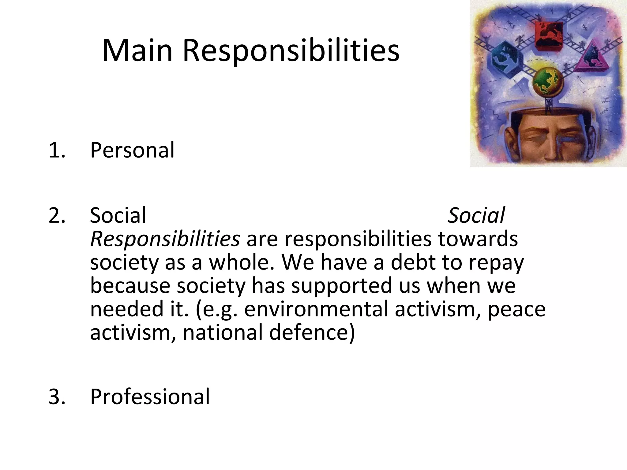 Main Responsibilities
1. Personal
2. Social Social
Responsibilities are responsibilities towards
society as a whole. We have a debt to repay
because society has supported us when we
needed it. (e.g. environmental activism, peace
activism, national defence)
3. Professional
 