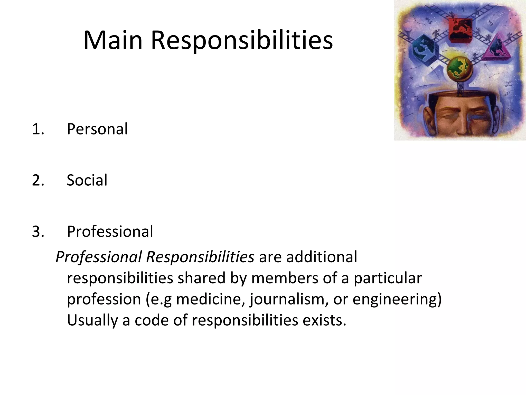 Main Responsibilities
1. Personal
2. Social
3. Professional
Professional Responsibilities are additional
responsibilities shared by members of a particular
profession (e.g medicine, journalism, or engineering)
Usually a code of responsibilities exists.
 