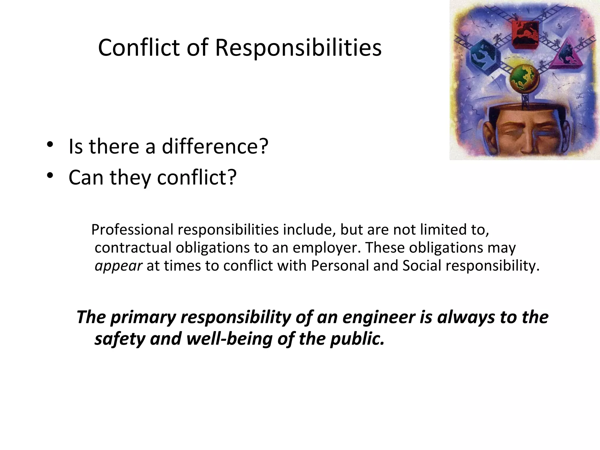Conflict of Responsibilities
• Is there a difference?
• Can they conflict?
Professional responsibilities include, but are not limited to,
contractual obligations to an employer. These obligations may
appear at times to conflict with Personal and Social responsibility.
The primary responsibility of an engineer is always to the
safety and well-being of the public.
 