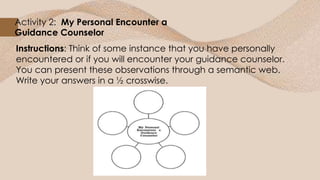 Activity 2: My Personal Encounter a
Guidance Counselor
Instructions: Think of some instance that you have personally
encountered or if you will encounter your guidance counselor.
You can present these observations through a semantic web.
Write your answers in a ½ crosswise.
 