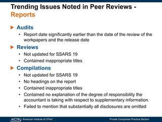 American Institute of CPAs®
Private Companies Practice Section
Trending Issues Noted in Peer Reviews -
Reports
Audits
• Report date significantly earlier than the date of the review of the
workpapers and the release date
Reviews
• Not updated for SSARS 19
• Contained inappropriate titles
Compilations
• Not updated for SSARS 19
• No headings on the report
• Contained inappropriate titles
• Contained no explanation of the degree of responsibility the
accountant is taking with respect to supplementary information.
• Failed to mention that substantially all disclosures are omitted
 