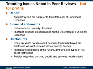 American Institute of CPAs®
Private Companies Practice Section
Trending Issues Noted in Peer Reviews – Not
for profits
Report
• Auditors’ report did not refer to the Statement of Functional
Expenses
Financial statements
• Net assets not properly classified
• Improper expense classifications on the Statement of Functional
Expenses
Disclosures
• Open tax years not disclosed because the firm believed the
disclosure was not required for tax exempt entities
• Inadequate disclosure of the nature, amounts and types of net
asset restrictions
• Policies regarding donated goods and services not disclosed
 
