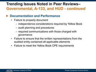 American Institute of CPAs®
Private Companies Practice Section
Trending Issues Noted in Peer Reviews–
Governmental, A-133, and HUD - continued
Documentation and Performance
• Failure to properly document
- independence considerations required by Yellow Book
- audit planning and procedures
- required communications with those charged with
governance
• Failure to ensure that the written representations from the
audited entity contained all applicable elements
• Failure to meet the Yellow Book CPE requirements
 