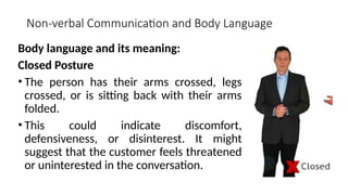 Non-verbal Communication and Body Language
Body language and its meaning:
Closed Posture
• The person has their arms crossed, legs
crossed, or is sitting back with their arms
folded.
• This could indicate discomfort,
defensiveness, or disinterest. It might
suggest that the customer feels threatened
or uninterested in the conversation.
 