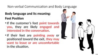 Non-verbal Communication and Body Language
Body language and its meaning:
Feet Position
• If the customer’s feet point towards
you, they are likely engaged and
interested in the conversation.
• If their feet are pointing away or
positioned toward the exit, they may
want to leave or are uncomfortable
in the situation.
 