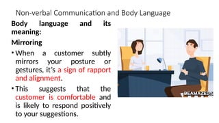 Non-verbal Communication and Body Language
Body language and its
meaning:
Mirroring
• When a customer subtly
mirrors your posture or
gestures, it’s a sign of rapport
and alignment.
• This suggests that the
customer is comfortable and
is likely to respond positively
to your suggestions.
 