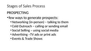 Stages of Sales Process
PROSPECTING
•few ways to generate prospects:
•Networking (in-person) – talking to them
•Cold Outreach – calling or sending email
•Social Selling – using social media
•Advertising –TV ads or print ads
•Events & Trade Shows
 