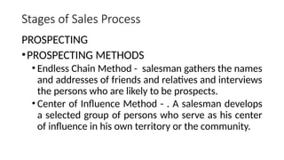 Stages of Sales Process
PROSPECTING
•PROSPECTING METHODS
• Endless Chain Method - salesman gathers the names
and addresses of friends and relatives and interviews
the persons who are likely to be prospects.
• Center of Influence Method - . A salesman develops
a selected group of persons who serve as his center
of influence in his own territory or the community.
 