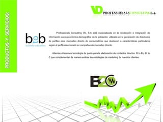 Professionals Consulting VD, S.A está especializada en la recolección e integración de información socio-económico-demográfica de la población, utilizada en la generación de directorios de perfiles para mercadeo directo de consumidores que obedecen a características particulares según el perfil seleccionado en campañas de mercadeo directo.  Además ofrecemos tecnología de punta para la elaboración de contactos directos  B to B y B  to C que complementan de manera exitosa las estrategias de marketing de nuestros clientes.  