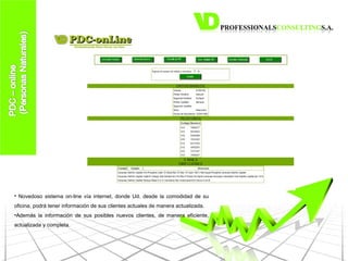 Novedoso sistema on-line vía internet, donde Ud. desde la comodidad de su oficina, podrá tener información de sus clientes actuales de manera actualizada. Además la información de sus posibles nuevos clientes, de manera eficiente, actualizada y completa. 