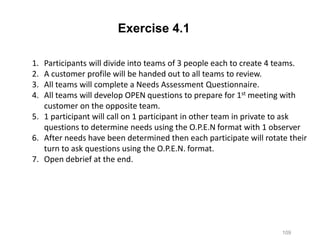 WWW.TRAININGCOURSEMATERIAL.COM
109
1. Participants will divide into teams of 3 people each to create 4 teams.
2. A customer profile will be handed out to all teams to review.
3. All teams will complete a Needs Assessment Questionnaire.
4. All teams will develop OPEN questions to prepare for 1st meeting with
customer on the opposite team.
5. 1 participant will call on 1 participant in other team in private to ask
questions to determine needs using the O.P.E.N format with 1 observer
6. After needs have been determined then each participate will rotate their
turn to ask questions using the O.P.E.N. format.
7. Open debrief at the end.
Exercise 4.1
 
