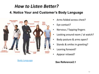 4. Notice Your and Customer’s Body Language
32
How to Listen Better?
Body Language
• Arms folded across chest?
• Eye contact?
• Nervous / Tapping fingers
• Looking around room / at watch?
• Body posture & arms open?
• Stands & smiles in greeting?
• Leaning forward?
• Appear relaxed?
See Reference2.1
 