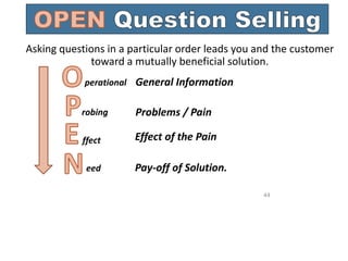 perational
robing
ffect
eed
General Information
Problems / Pain
Effect of the Pain
Pay-off of Solution.
Asking questions in a particular order leads you and the customer
toward a mutually beneficial solution.
44
WWW.TRAININGCOURSEMATERIAL.COM
 