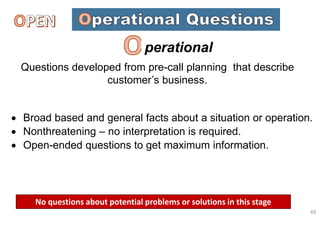 perational
45
WWW.TRAININGCOURSEMATERIAL.COM
Questions developed from pre-call planning that describe
customer’s business.
No questions about potential problems or solutions in this stage
 Broad based and general facts about a situation or operation.
 Nonthreatening – no interpretation is required.
 Open-ended questions to get maximum information.
 