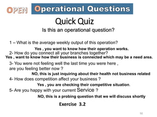 Is this an operational question?
1 – What is the average weekly output of this operation?
2- How do you connect all your branches together?
3- You were not feeling well the last time you were here ,
are you feeling better now ?
4- How does competition affect your business ?
5- Are you happy with your current Service ?
Yes , you want to know how their operation works.
Yes , want to know how their business is connected which may be a need area.
NO, this is just inquiring about their health not business related
Yes , you are checking their competitive situation.
NO, this is a probing question that we will discuss shortly
50
Quick Quiz
Exercise 3.2
 