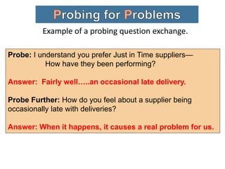 Probe: I understand you prefer Just in Time suppliers—
How have they been performing?
Answer: Fairly well…..an occasional late delivery.
Probe Further: How do you feel about a supplier being
occasionally late with deliveries?
Answer: When it happens, it causes a real problem for us.
Example of a probing question exchange.
 