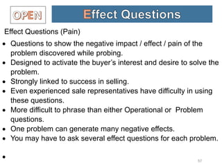 Effect Questions to Clarify Impact
57
Effect Questions (Pain)
 Questions to show the negative impact / effect / pain of the
problem discovered while probing.
 Designed to activate the buyer’s interest and desire to solve the
problem.
 Strongly linked to success in selling.
 Even experienced sale representatives have difficulty in using
these questions.
 More difficult to phrase than either Operational or Problem
questions.
 One problem can generate many negative effects.
 You may have to ask several effect questions for each problem.

 
