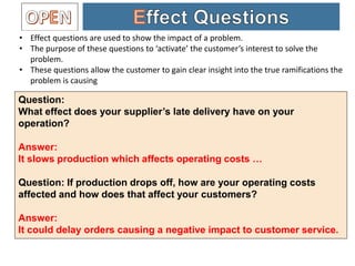 • Effect questions are used to show the impact of a problem.
• The purpose of these questions to ‘activate’ the customer’s interest to solve the
problem.
• These questions allow the customer to gain clear insight into the true ramifications the
problem is causing
Question:
What effect does your supplier’s late delivery have on your
operation?
Answer:
It slows production which affects operating costs …
Question: If production drops off, how are your operating costs
affected and how does that affect your customers?
Answer:
It could delay orders causing a negative impact to customer service.
 