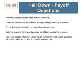 Projects what life would be like without problems.
Customer establishes the value of finding and implementing a solutions.
Focus the buyer’s attention from problems to solutions.
Gets the buyer to think about positive benefits of solving the problem.
Top sales people effectively utilize a high number of need-payoff questions
into sales calls than do less successful salespeople.
 