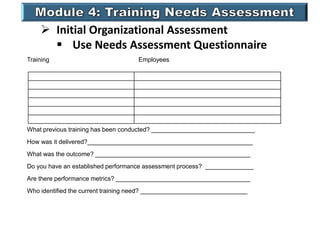  Initial Organizational Assessment
 Use Needs Assessment Questionnaire
Training Employees
What previous training has been conducted? ______________________________
How was it delivered?________________________________________________
What was the outcome? _____________________________________________
Do you have an established performance assessment process? ______________
Are there performance metrics? _______________________________________
Who identified the current training need? _______________________________
 