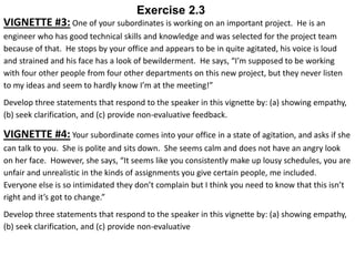 VIGNETTE #3: One of your subordinates is working on an important project. He is an
engineer who has good technical skills and knowledge and was selected for the project team
because of that. He stops by your office and appears to be in quite agitated, his voice is loud
and strained and his face has a look of bewilderment. He says, “I’m supposed to be working
with four other people from four other departments on this new project, but they never listen
to my ideas and seem to hardly know I’m at the meeting!”
Develop three statements that respond to the speaker in this vignette by: (a) showing empathy,
(b) seek clarification, and (c) provide non-evaluative feedback.
VIGNETTE #4: Your subordinate comes into your office in a state of agitation, and asks if she
can talk to you. She is polite and sits down. She seems calm and does not have an angry look
on her face. However, she says, “It seems like you consistently make up lousy schedules, you are
unfair and unrealistic in the kinds of assignments you give certain people, me included.
Everyone else is so intimidated they don’t complain but I think you need to know that this isn’t
right and it’s got to change.”
Develop three statements that respond to the speaker in this vignette by: (a) showing empathy,
(b) seek clarification, and (c) provide non-evaluative
Exercise 2.3
 