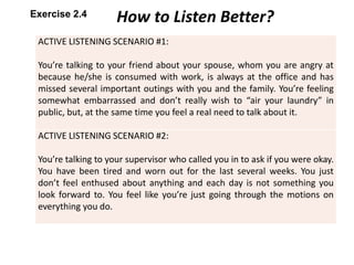 ACTIVE LISTENING SCENARIO #1:
You’re talking to your friend about your spouse, whom you are angry at
because he/she is consumed with work, is always at the office and has
missed several important outings with you and the family. You’re feeling
somewhat embarrassed and don’t really wish to “air your laundry” in
public, but, at the same time you feel a real need to talk about it.
ACTIVE LISTENING SCENARIO #2:
You’re talking to your supervisor who called you in to ask if you were okay.
You have been tired and worn out for the last several weeks. You just
don’t feel enthused about anything and each day is not something you
look forward to. You feel like you’re just going through the motions on
everything you do.
How to Listen Better?Exercise 2.4
 