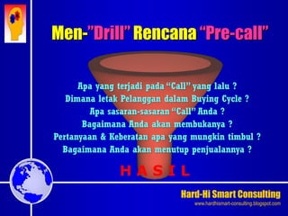 Hard-Hi Smart Consulting 
www.hardhismart-consulting.blogspot.com 
Men-”Drill” Rencana “Pre-call” 
Apa yang terjadi pada “Call” yang lalu ? 
Dimana letak Pelanggan dalam Buying Cycle ? 
Apa sasaran-sasaran “Call” Anda ? 
Bagaimana Anda akan membukanya ? 
Pertanyaan & Keberatan apa yang mungkin timbul ? 
Bagaimana Anda akan menutup penjualannya ? 
H A S I L 
 