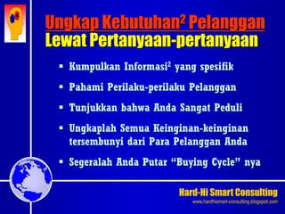Hard-Hi Smart Consulting 
www.hardhismart-consulting.blogspot.com 
Ungkap Kebutuhan2 Pelanggan 
Lewat Pertanyaan-pertanyaan 
 Kumpulkan Informasi2 yang spesifik 
 Pahami Perilaku-perilaku Pelanggan 
 Tunjukkan bahwa Anda Sangat Peduli 
 Ungkaplah Semua Keinginan-keinginan 
tersembunyi dari Para Pelanggan Anda 
 Segeralah Anda Putar “Buying Cycle” nya 
 