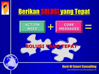 Hard-Hi Smart Consulting 
www.hardhismart-consulting.blogspot.com 
Berikan SOLUSI yang Tepat 
+ = ACTION 
NEED 
CORE 
MESSAGES 
SOLUSI YANG TEPAT 
 