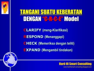 Hard-Hi Smart Consulting 
www.hardhismart-consulting.blogspot.com 
TANGANI SUATU KEBERATAN 
DENGAN “C-R-C-E” Model 
CLARIFY (meng-Klarifikasi) 
RESPOND (Menanggapi) 
CHECK (Memeriksa dengan teliti) 
EXPAND (Mengambil tindakan) 
 