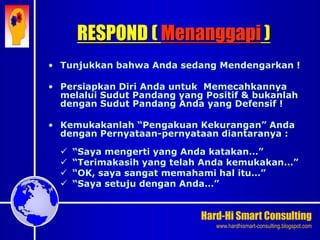 Hard-Hi Smart Consulting 
www.hardhismart-consulting.blogspot.com 
• Tunjukkan bahwa Anda sedang Mendengarkan ! 
• Persiapkan Diri Anda untuk Memecahkannya 
melalui Sudut Pandang yang Positif & bukanlah 
dengan Sudut Pandang Anda yang Defensif ! 
• Kemukakanlah “Pengakuan Kekurangan” Anda 
dengan Pernyataan-pernyataan diantaranya : 
 “Saya mengerti yang Anda katakan…” 
 “Terimakasih yang telah Anda kemukakan…” 
 “OK, saya sangat memahami hal itu…” 
 “Saya setuju dengan Anda…” 
RESPOND ( Menanggapi ) 
 