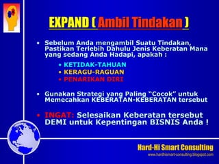 Hard-Hi Smart Consulting 
www.hardhismart-consulting.blogspot.com 
• Sebelum Anda mengambil Suatu Tindakan, 
Pastikan Terlebih Dahulu Jenis Keberatan Mana 
yang sedang Anda Hadapi, apakah : 
• KETIDAK-TAHUAN 
• KERAGU-RAGUAN 
• PENARIKAN DIRI 
• Gunakan Strategi yang Paling “Cocok” untuk 
Memecahkan KEBERATAN-KEBERATAN tersebut 
• INGAT: Selesaikan Keberatan tersebut 
DEMI untuk Kepentingan BISNIS Anda ! 
EXPAND ( Ambil Tindakan ) 
 