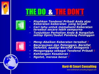 Hard-Hi Smart Consulting 
www.hardhismart-consulting.blogspot.com 
– Pisahkan Tendensi Pribadi Anda atas 
Keberatan-keberatan yang terjadi 
– Cari tahu untuk memahami Keberatan 
tersebut secara lebih sempurna 
– Tunjukkan Perhatian Anda & Hargailah 
setiap Opini/Sudut Pandang Pelanggan 
– Meng-Abaikan Keberatan tersebut ! 
– Berargumen dgn Pelanggan, Bersifat 
Defensif, apalagi Bersifat Antagonis ! 
– Menganggap sebagai Tendensi Pribadi ! 
– Kehilangan Kesabaran ! 
– Ngotot, merasa benar ! 
THE DO & THE DON’T 
 