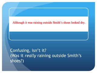 Confusing, isn’t it?
(Was it really raining outside Smith’s
shoes?)
 