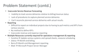 3 
Problem Statement (contd.) 
• Inaccurate Service Revenue Forecasting 
• Inability to track service deliveries relative to billing/revenue status 
• Lack of procedures to capture planned service deliveries 
• Can’t reconcile planned service deliveries with actual results. 
• Reporting 
• Difficult to report on individual projects due to having to pull metrics and KPI’s from 
various sources 
• No method to define KPI’s 
• Inaccurate revenue and expense reporting 
• Multiple Resources currently required for operations-management & reporting 
• Caroline Update various systems and spread sheets, resource scheduling 
• Jelena  Month end billing. 
• Barry Month end Management reporting. 
• Matt  Microsoft Project Server Manager 
 