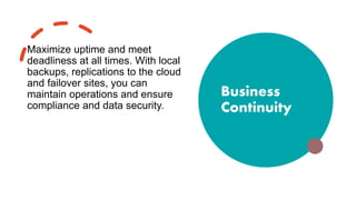 Business
Continuity
Maximize uptime and meet
deadliness at all times. With local
backups, replications to the cloud
and failover sites, you can
maintain operations and ensure
compliance and data security.
 